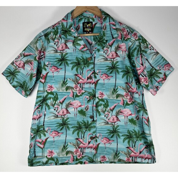 Benny's Hawaiian Shirt Men's Medium Blue Pink Flamingo Palm Tree Tropical Aloha - Picture 1 of 7
